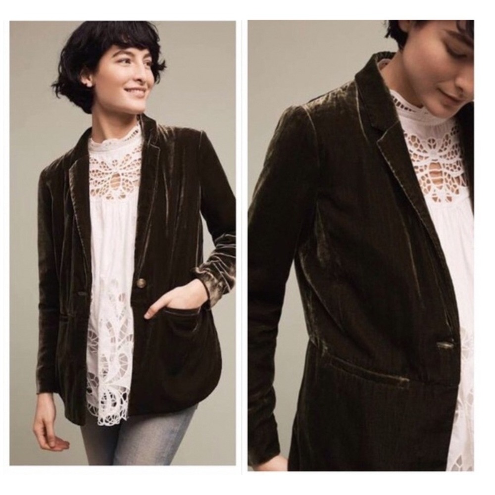 Anthropologie Cartonnier Crushed Velvet Blazer Forest Green Floral Lining Pocket